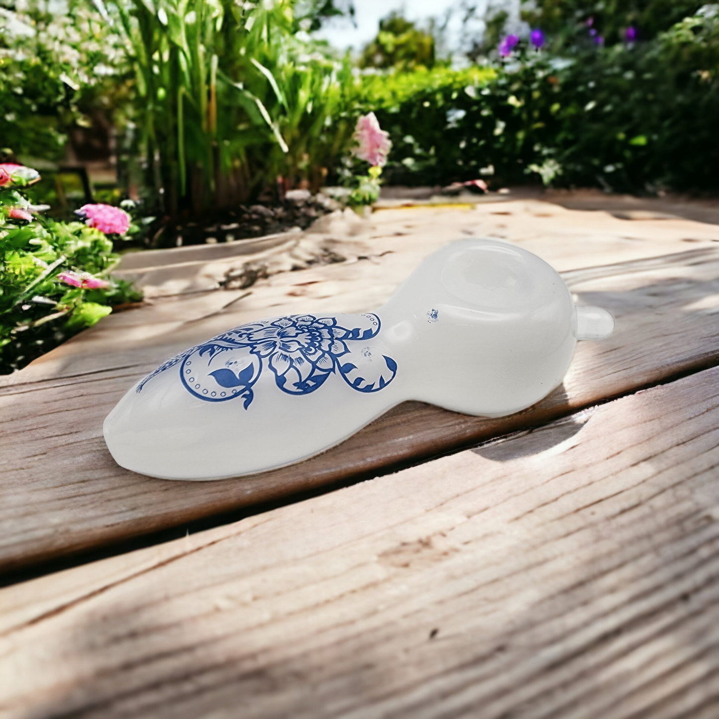 Delicate White Glass Pipe with Blue Flowers