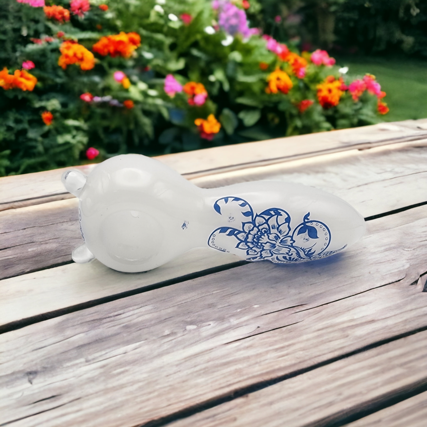 Delicate White Glass Pipe with Blue Flowers